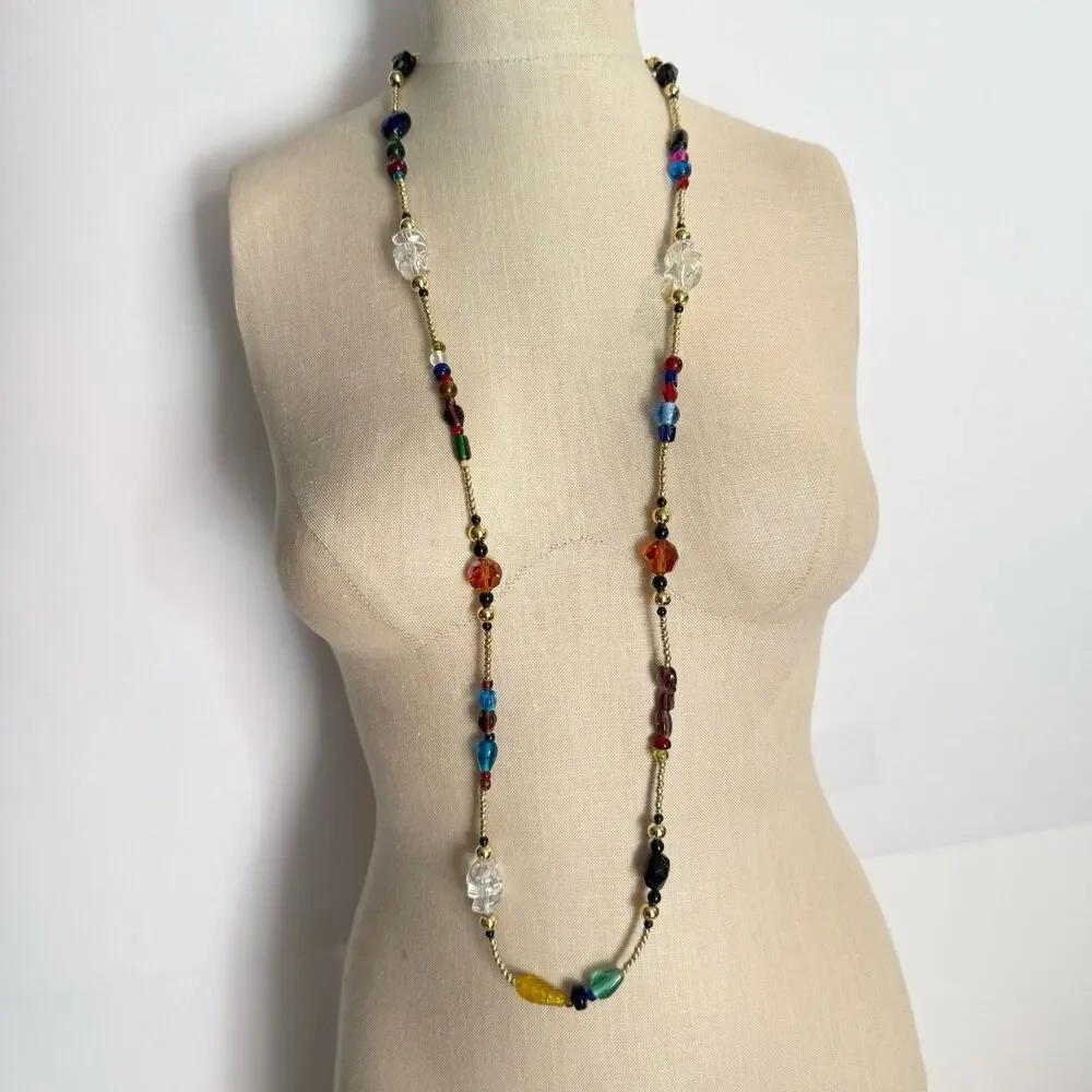 Vintage Multicolor Glass Bead Necklace Boho Long Gold Tone Eclectic Jewelry 21”